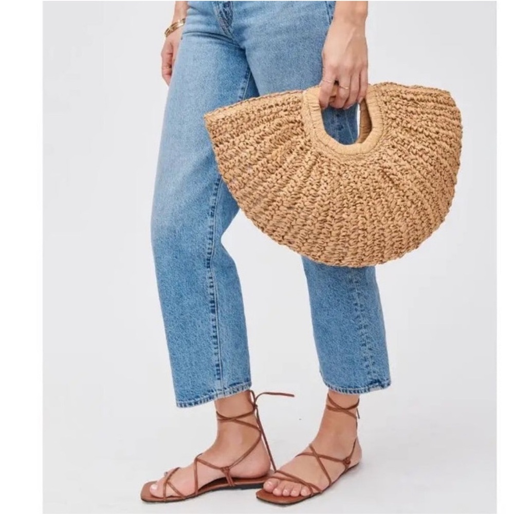 Ramla Natural Straw Half-Moon Bag With Woven Texture Wooden Handle Bohemian NEW